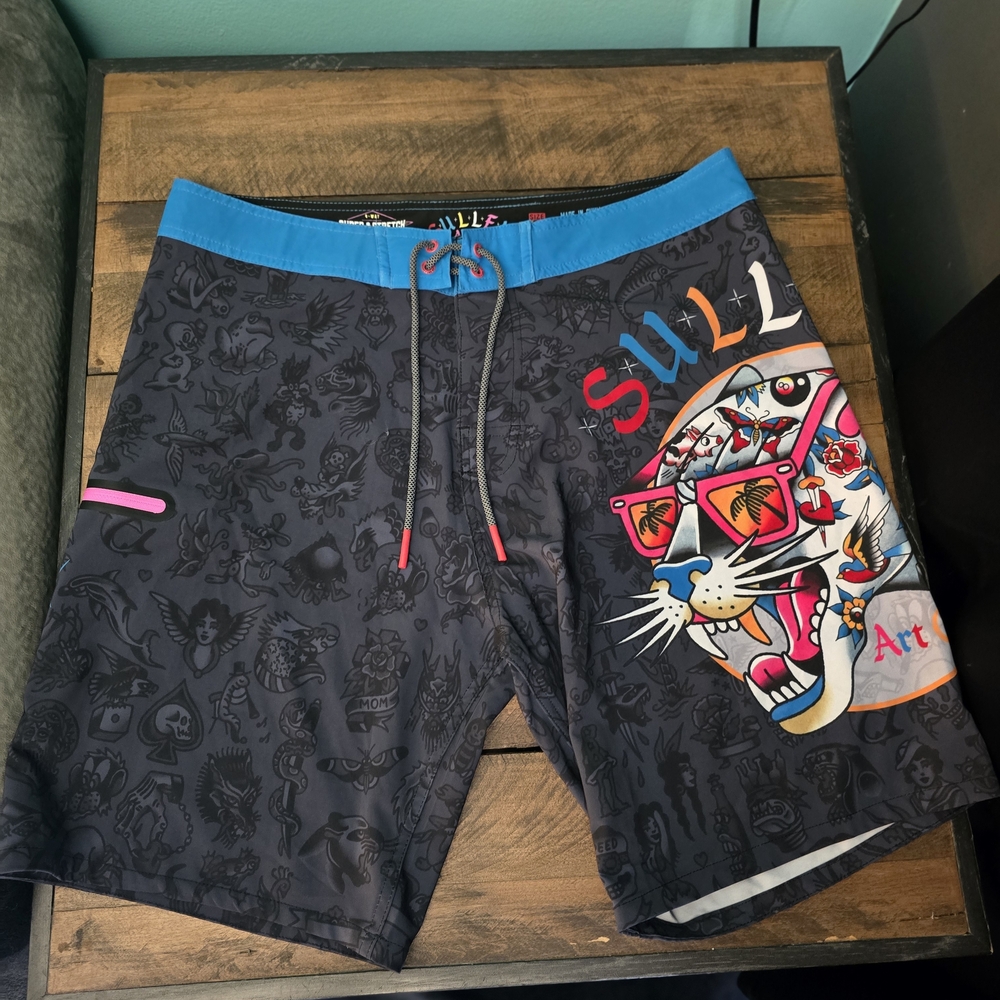 Men's Black Swim Shorts with Colorful Tiger Design